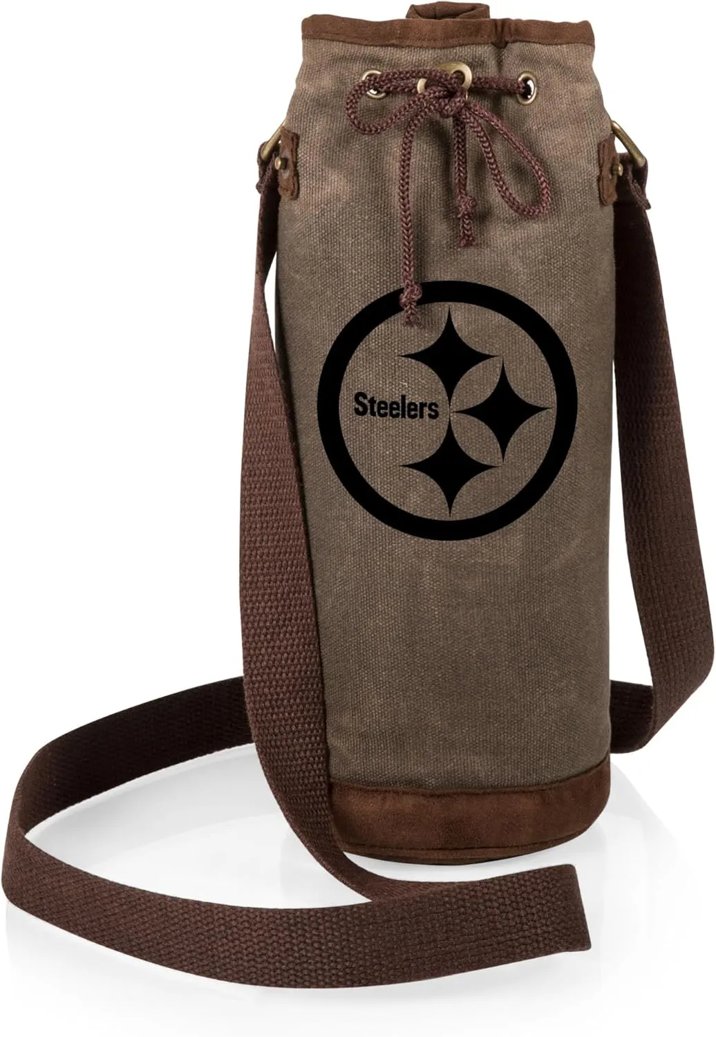 PICNIC TIME NFL Distressed Waxed Canvas Wine Tote, Single Bottle Insulated Bag, Bottle Carrier, Wine Gift Bag, Khaki Green