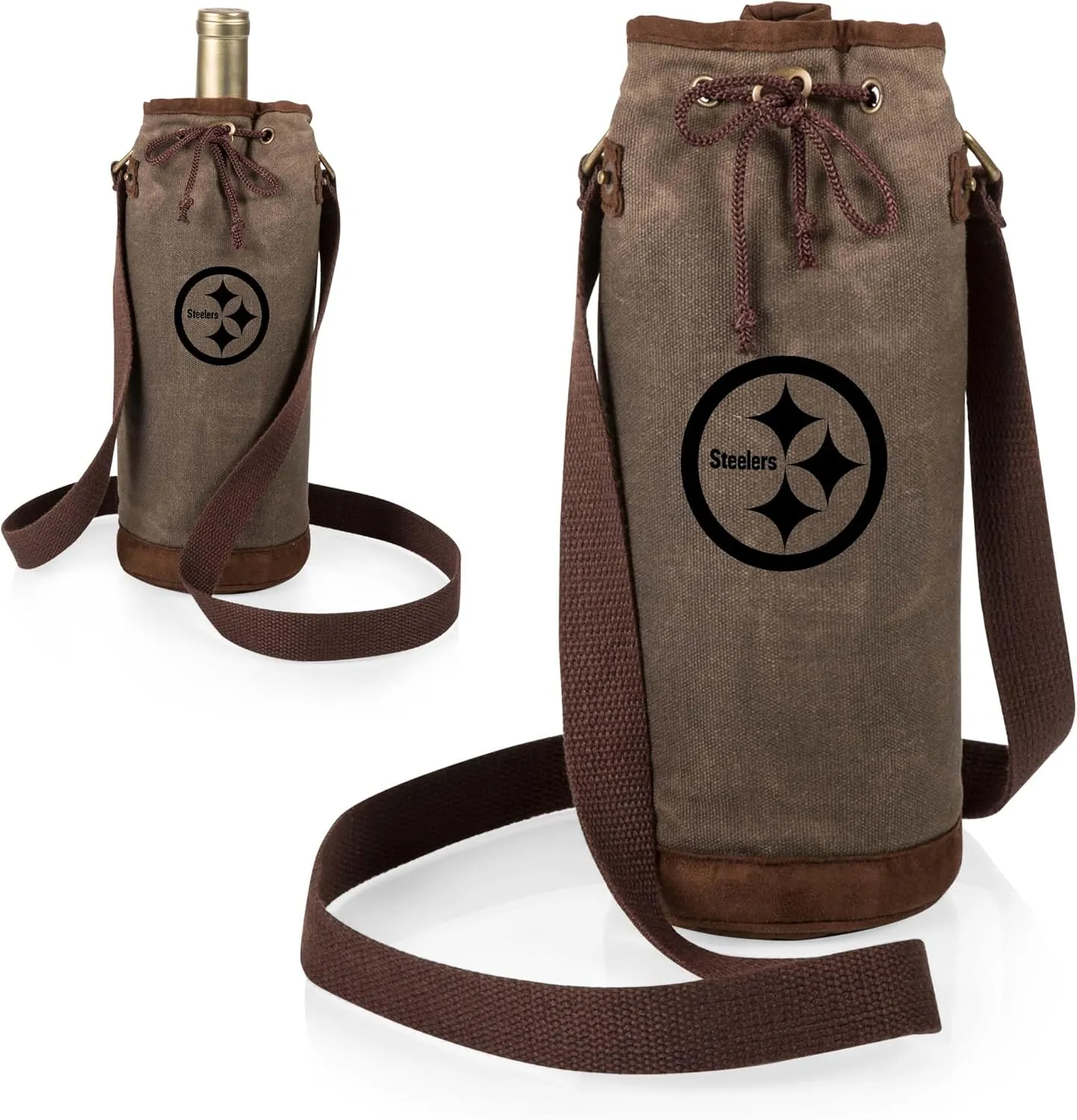 PICNIC TIME NFL Distressed Waxed Canvas Wine Tote, Single Bottle Insulated Bag, Bottle Carrier, Wine Gift Bag, Khaki Green