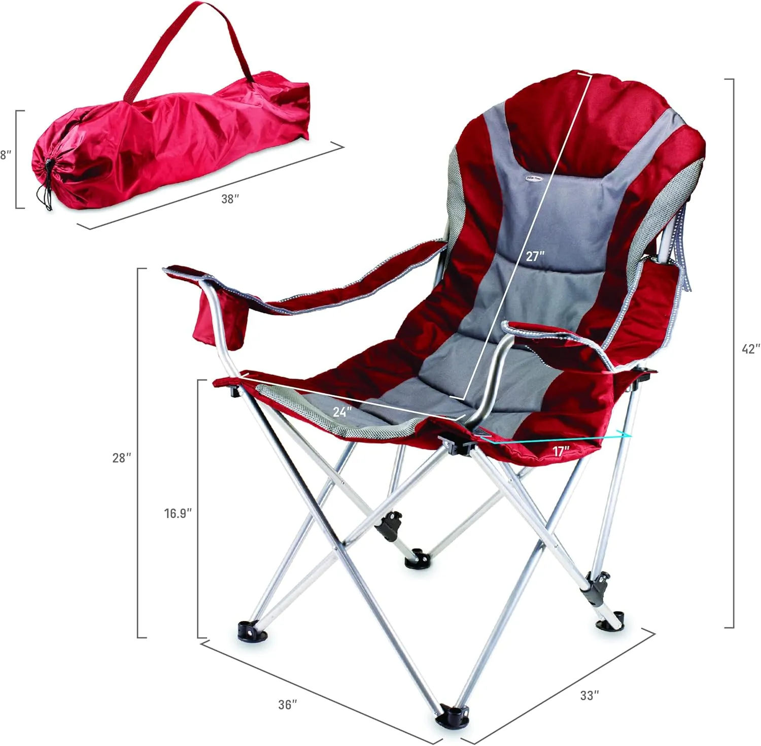 Picnic TIME Reclining Camp Chair, Beach Chair for Adults, Sports Chair with Carry Bag