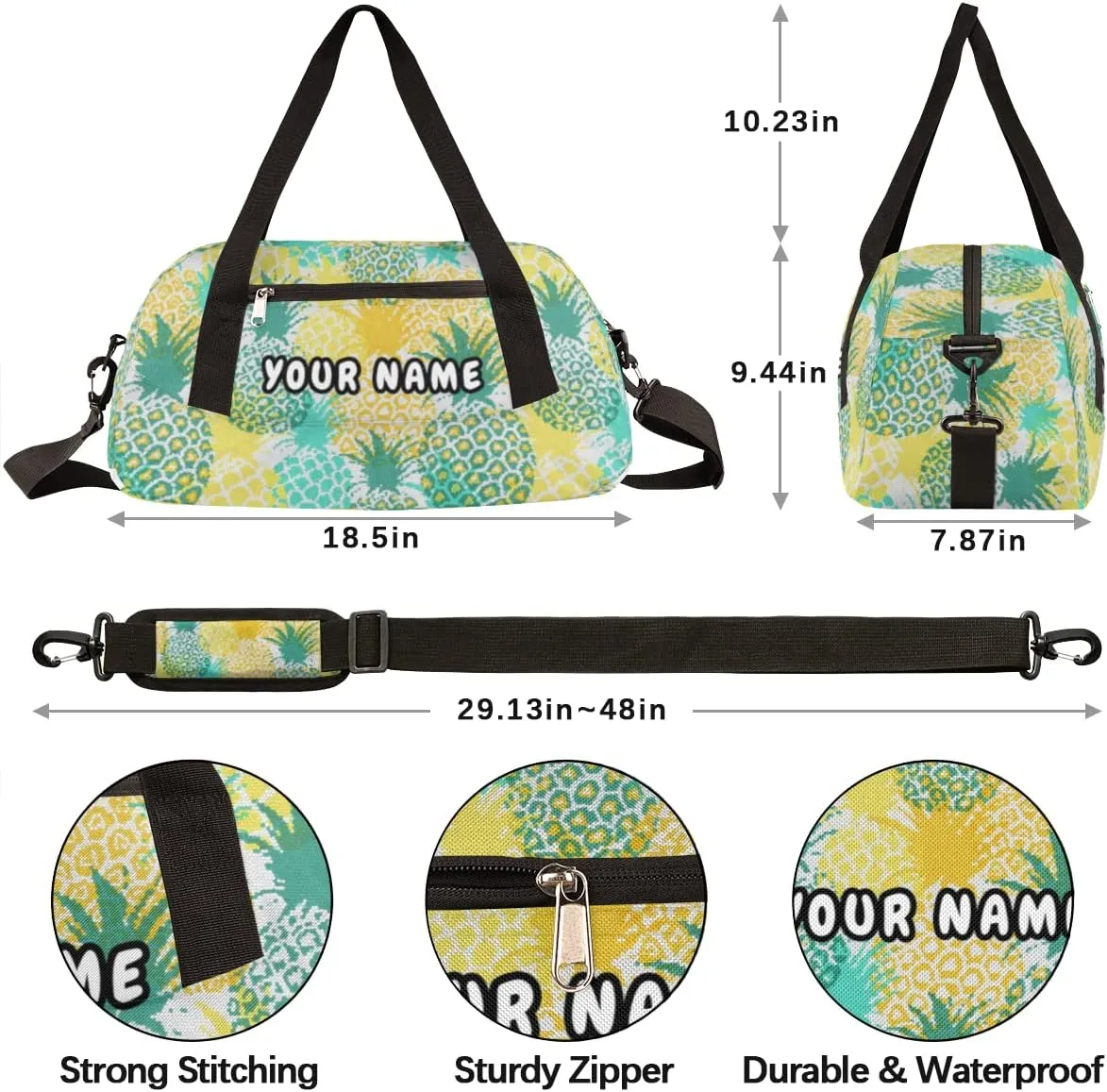 Pineapples Print Personalized Kids Duffel Bag for Girls Boys, Pineapple Debris Custom Name Dance Bag Overnight Small Duffel Bag Carry On Weekend Sports Travel Bag for School Practice Gymnastics Ballet