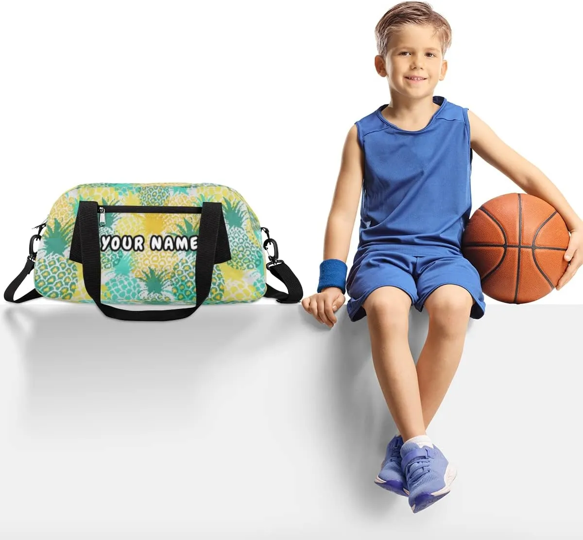 Pineapples Print Personalized Kids Duffel Bag for Girls Boys, Pineapple Debris Custom Name Dance Bag Overnight Small Duffel Bag Carry On Weekend Sports Travel Bag for School Practice Gymnastics Ballet