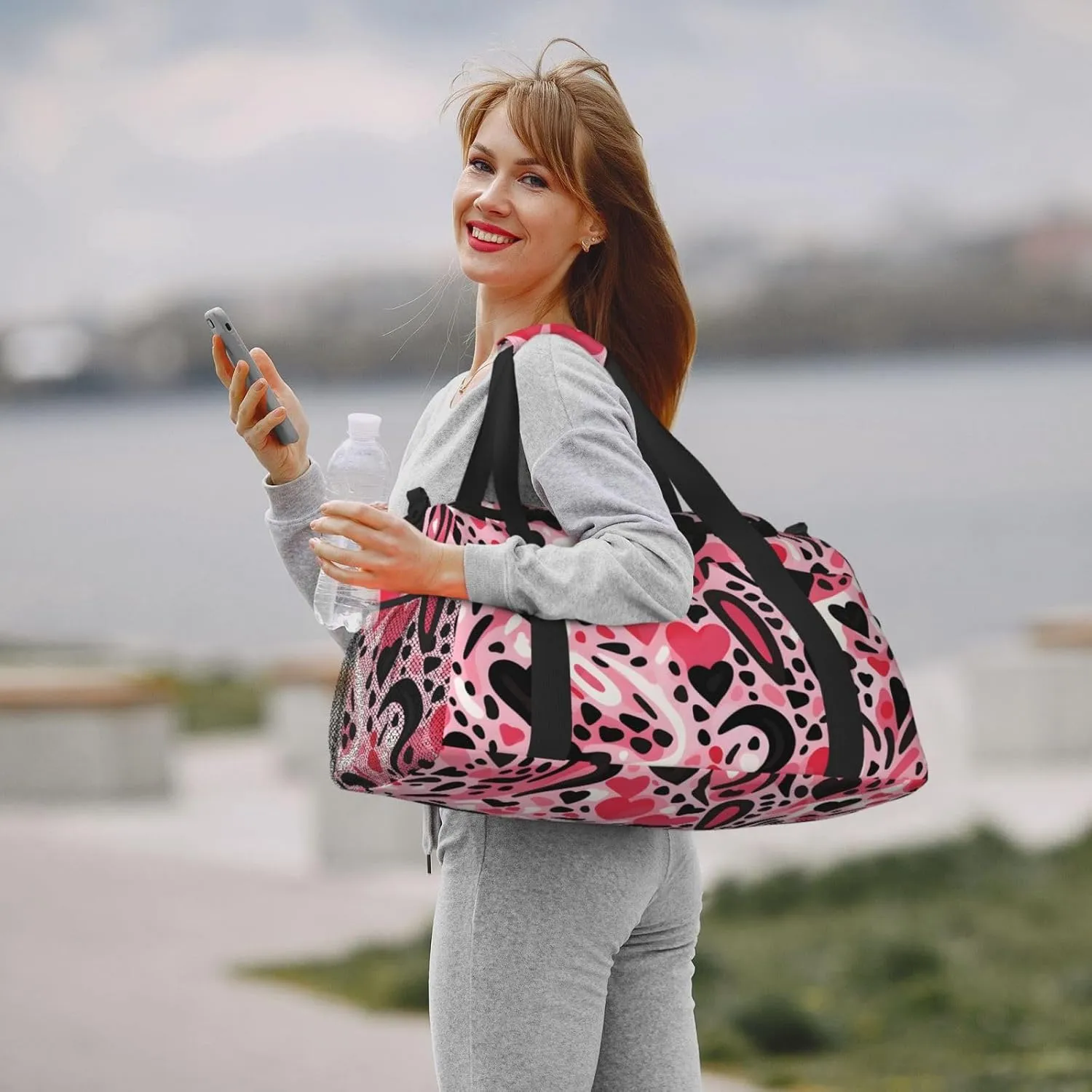 Pink Leopard Print Heart Duffle Bag Foldable Travel Tote Bag Carry On Large Weekender Overnight Bags Waterproof Gym Bag For Women Men