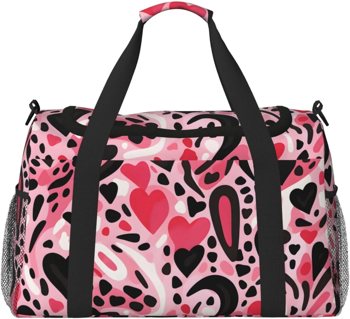 Pink Leopard Print Heart Duffle Bag Foldable Travel Tote Bag Carry On Large Weekender Overnight Bags Waterproof Gym Bag For Women Men