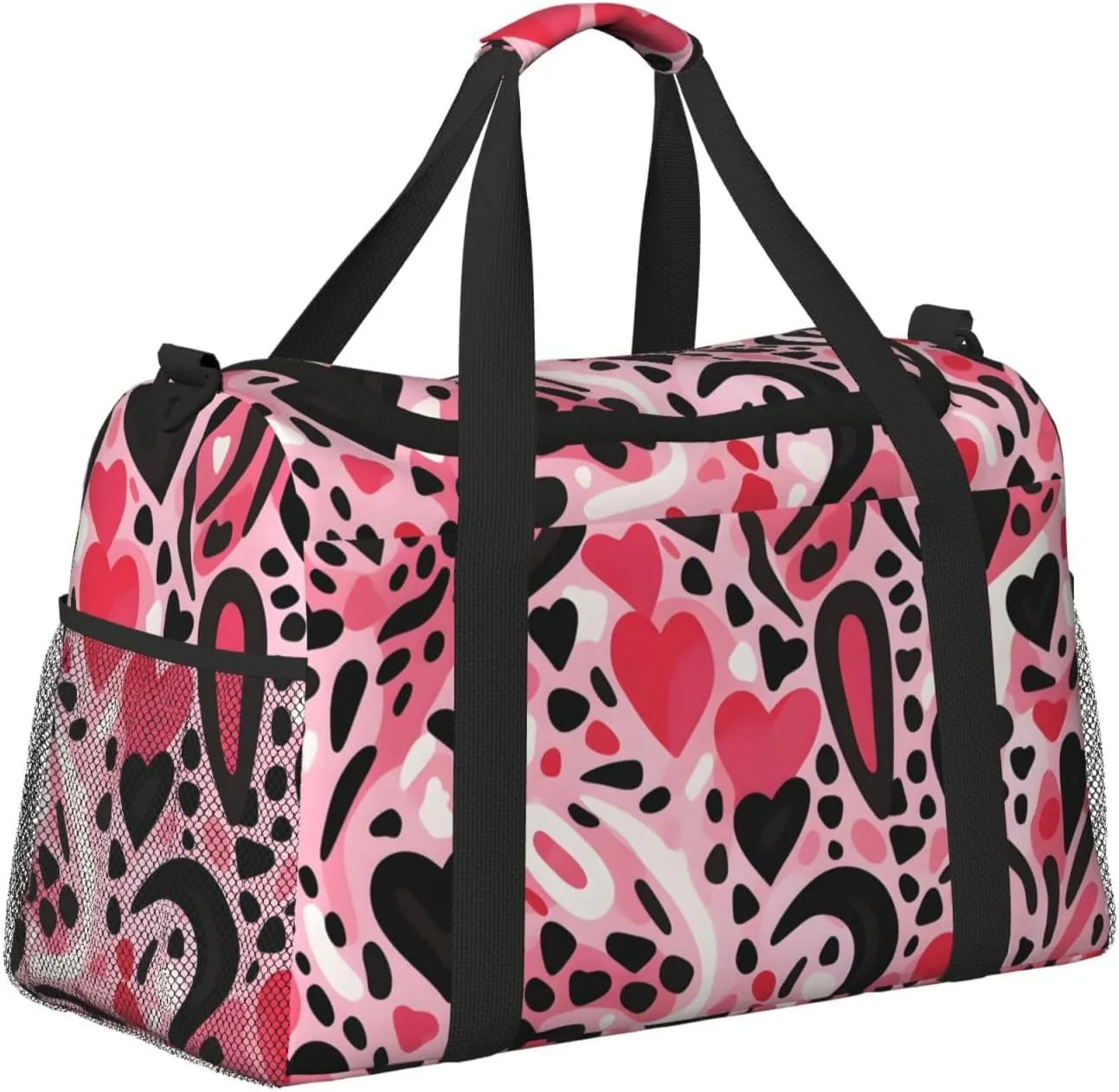 Pink Leopard Print Heart Duffle Bag Foldable Travel Tote Bag Carry On Large Weekender Overnight Bags Waterproof Gym Bag For Women Men