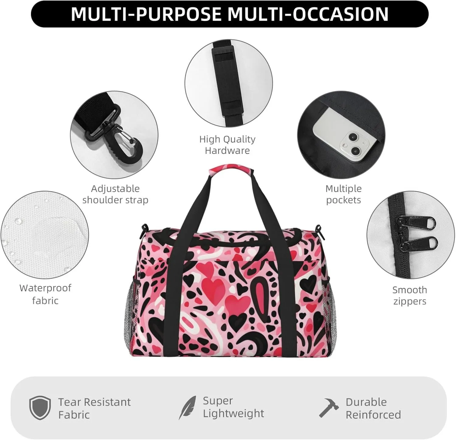Pink Leopard Print Heart Duffle Bag Foldable Travel Tote Bag Carry On Large Weekender Overnight Bags Waterproof Gym Bag For Women Men