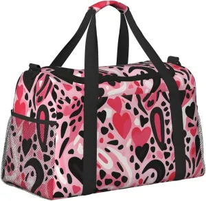 Pink Leopard Print Heart Duffle Bag Foldable Travel Tote Bag Carry On Large Weekender Overnight Bags Waterproof Gym Bag For Women Men