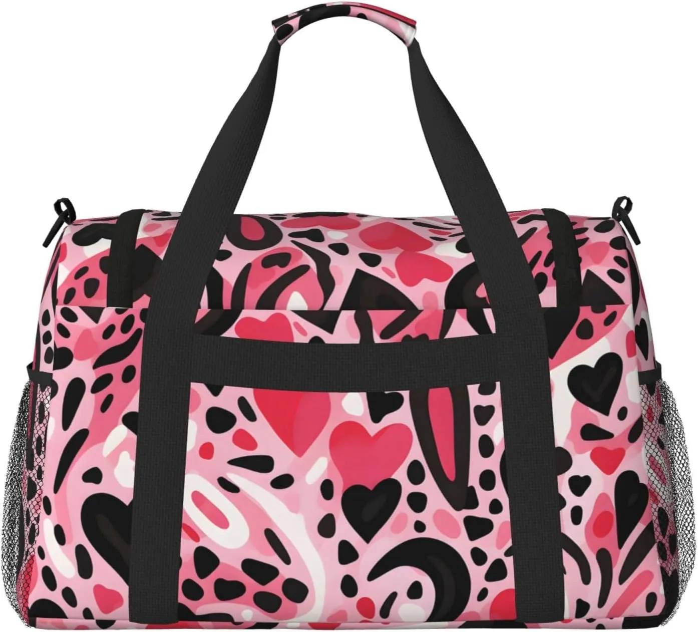 Pink Leopard Print Heart Duffle Bag Foldable Travel Tote Bag Carry On Large Weekender Overnight Bags Waterproof Gym Bag For Women Men