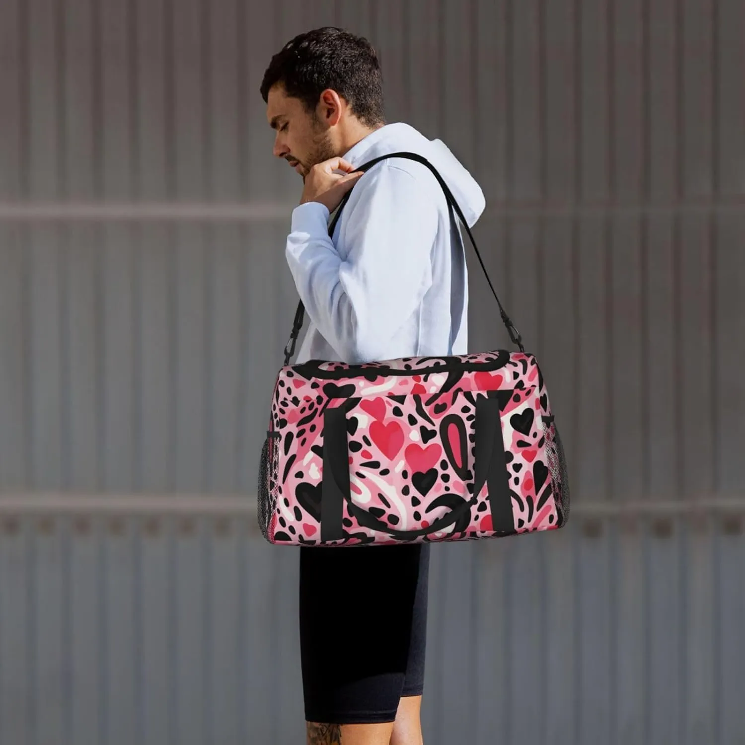 Pink Leopard Print Heart Duffle Bag Foldable Travel Tote Bag Carry On Large Weekender Overnight Bags Waterproof Gym Bag For Women Men