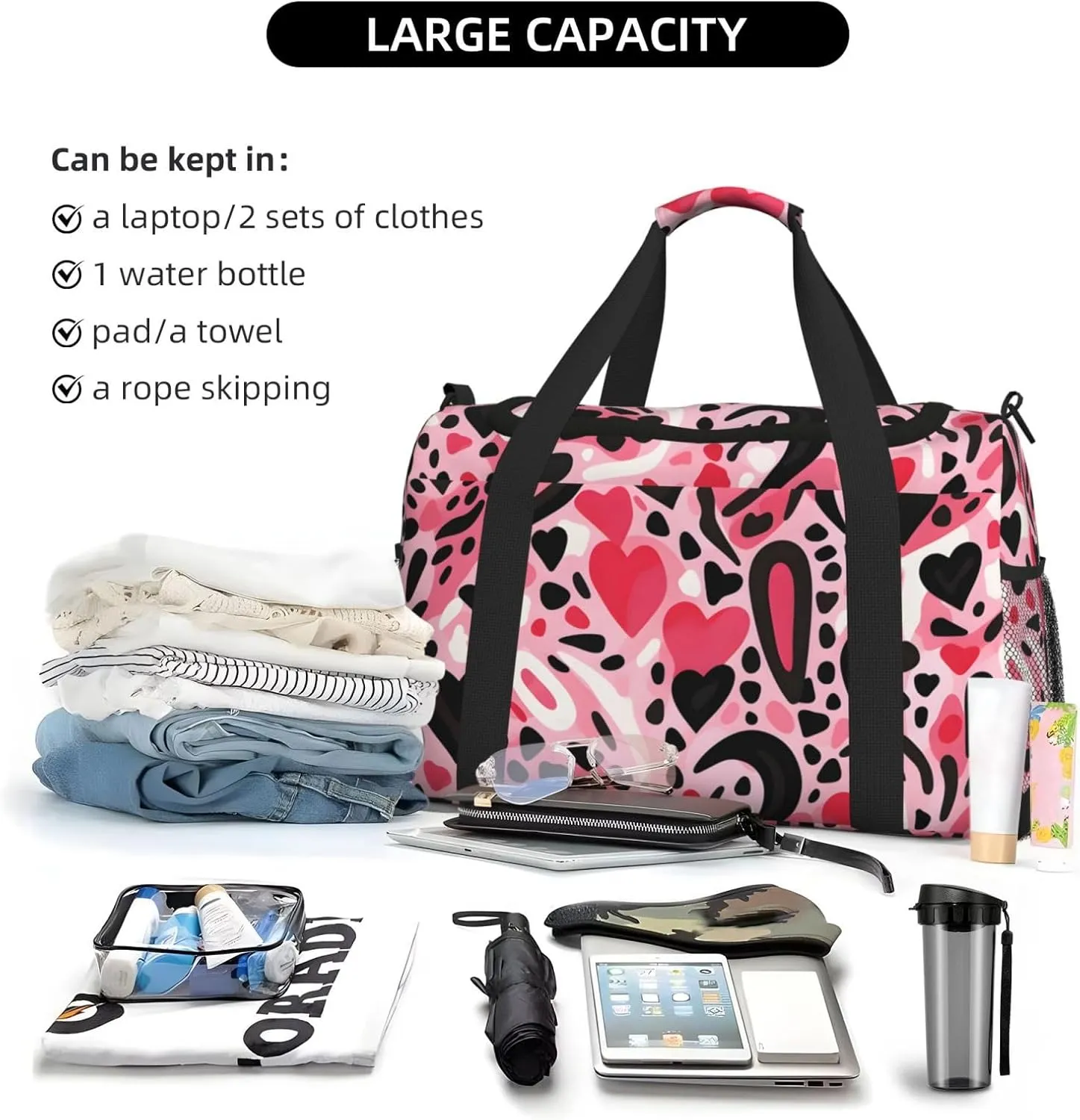 Pink Leopard Print Heart Duffle Bag Foldable Travel Tote Bag Carry On Large Weekender Overnight Bags Waterproof Gym Bag For Women Men