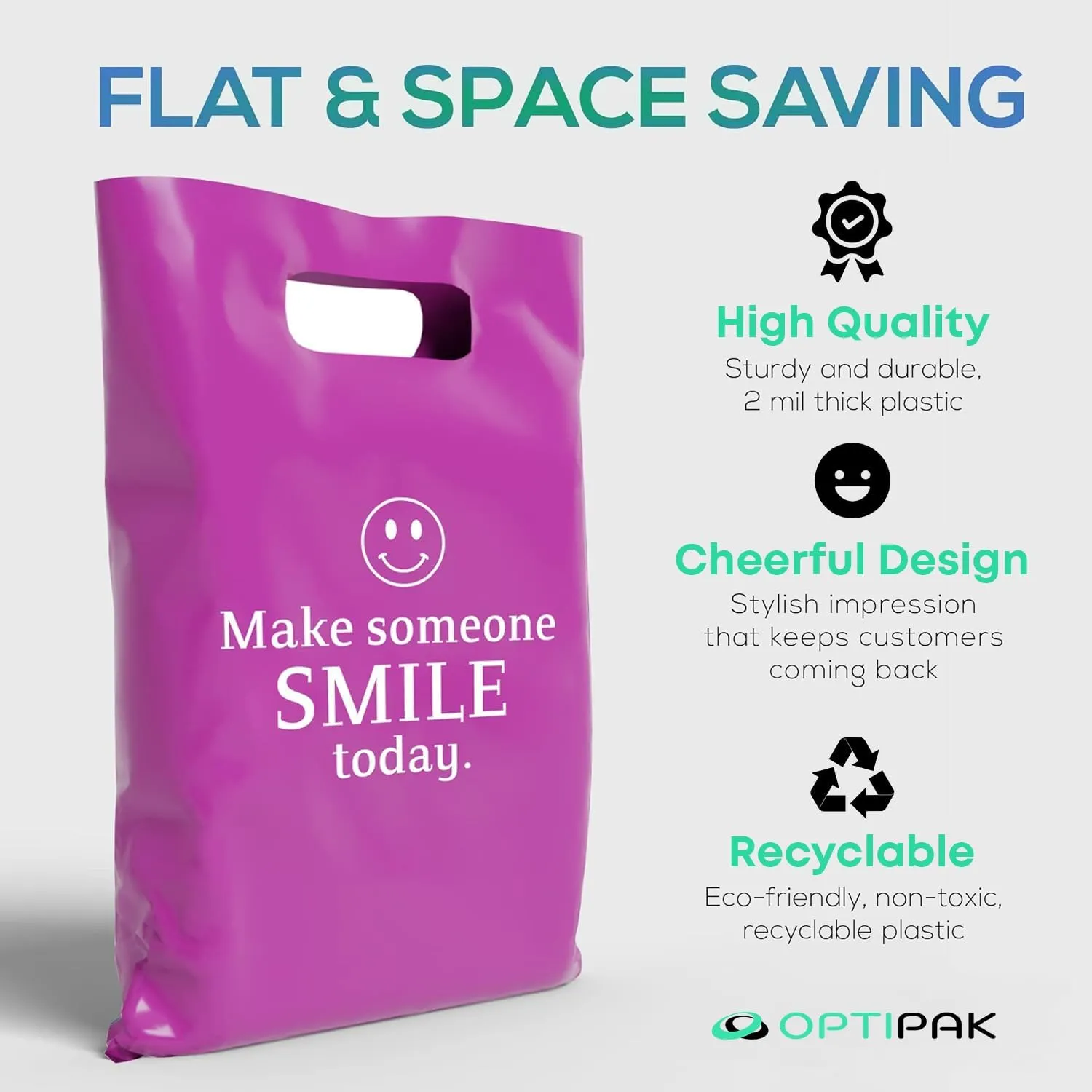 Plastic Bags with Handles – 12x15 Merchandise Bags for Small Business, Die-Cut Retail Boutique & Shopping Bag, Goodie Bag & Trade Show Supplies – Make Someone Smile Today (Pack of 100)