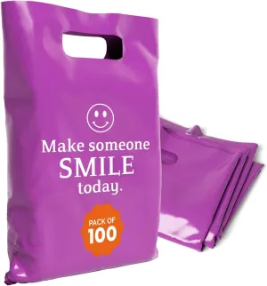 Plastic Bags with Handles – 12x15 Merchandise Bags for Small Business, Die-Cut Retail Boutique & Shopping Bag, Goodie Bag & Trade Show Supplies – Make Someone Smile Today (Pack of 100)