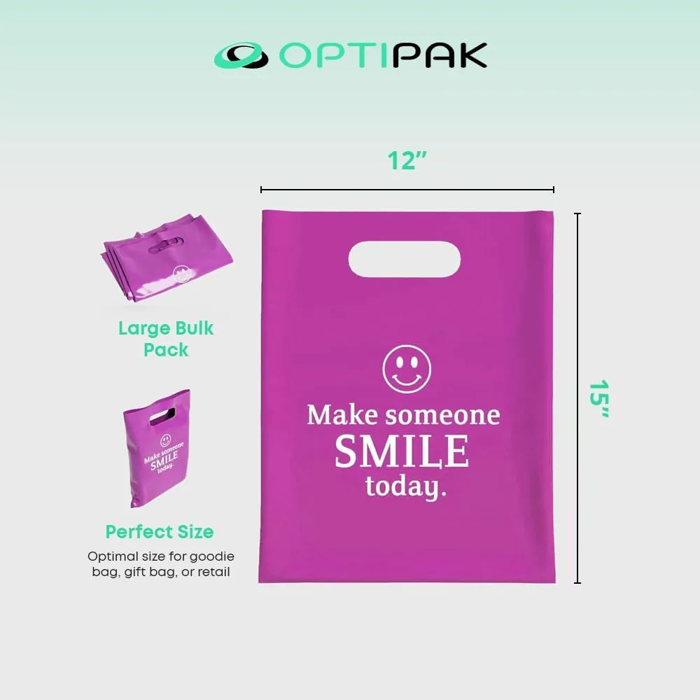 Plastic Bags with Handles – 12x15 Merchandise Bags for Small Business, Die-Cut Retail Boutique & Shopping Bag, Goodie Bag & Trade Show Supplies – Make Someone Smile Today (Pack of 100)