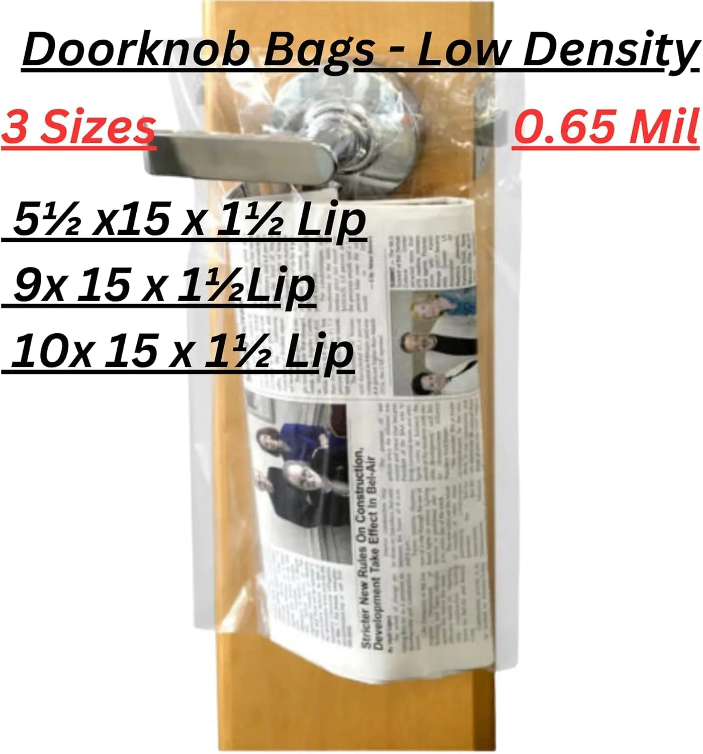 Plastic Door Doorknob Bags, 0.65Mil 9 x 15 x 1½ Lip & 100 Bags | Clear Door Hanger Bags Protects Flyers, Brochures, Notices, & Printed Materials | Waterproof and Secure Door Knob Hanger for Outdoor
