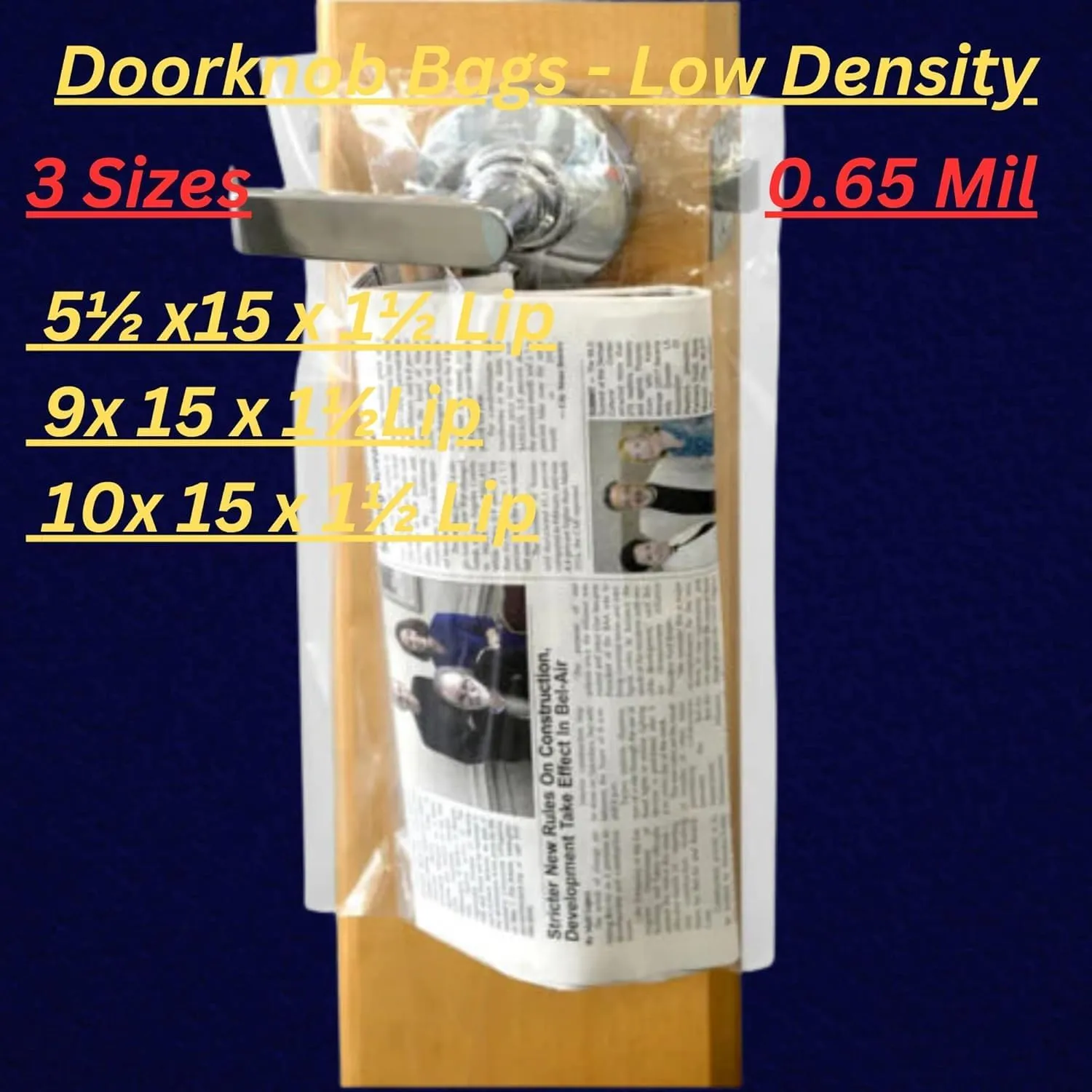 Plastic Door Doorknob Bags, 0.65Mil 9 x 15 x 1½ Lip & 100 Bags | Clear Door Hanger Bags Protects Flyers, Brochures, Notices, & Printed Materials | Waterproof and Secure Door Knob Hanger for Outdoor