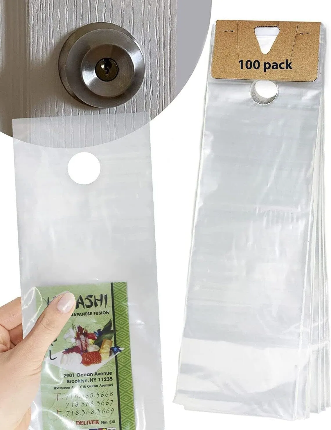 Plastic Door Doorknob Bags, 0.65Mil 9 x 15 x 1½ Lip & 100 Bags | Clear Door Hanger Bags Protects Flyers, Brochures, Notices, & Printed Materials | Waterproof and Secure Door Knob Hanger for Outdoor