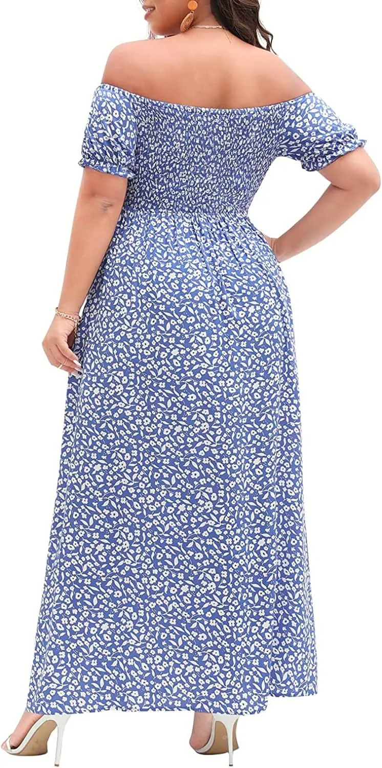 Plus Size Summer Dresses - Boho Casual Off Shoulder Floral Long Maxi Dress with Pockets