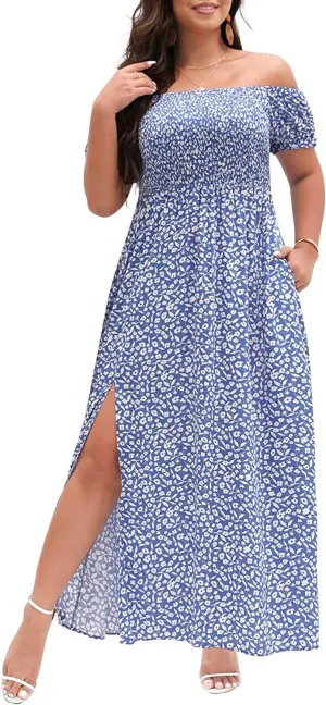 Plus Size Summer Dresses - Boho Casual Off Shoulder Floral Long Maxi Dress with Pockets
