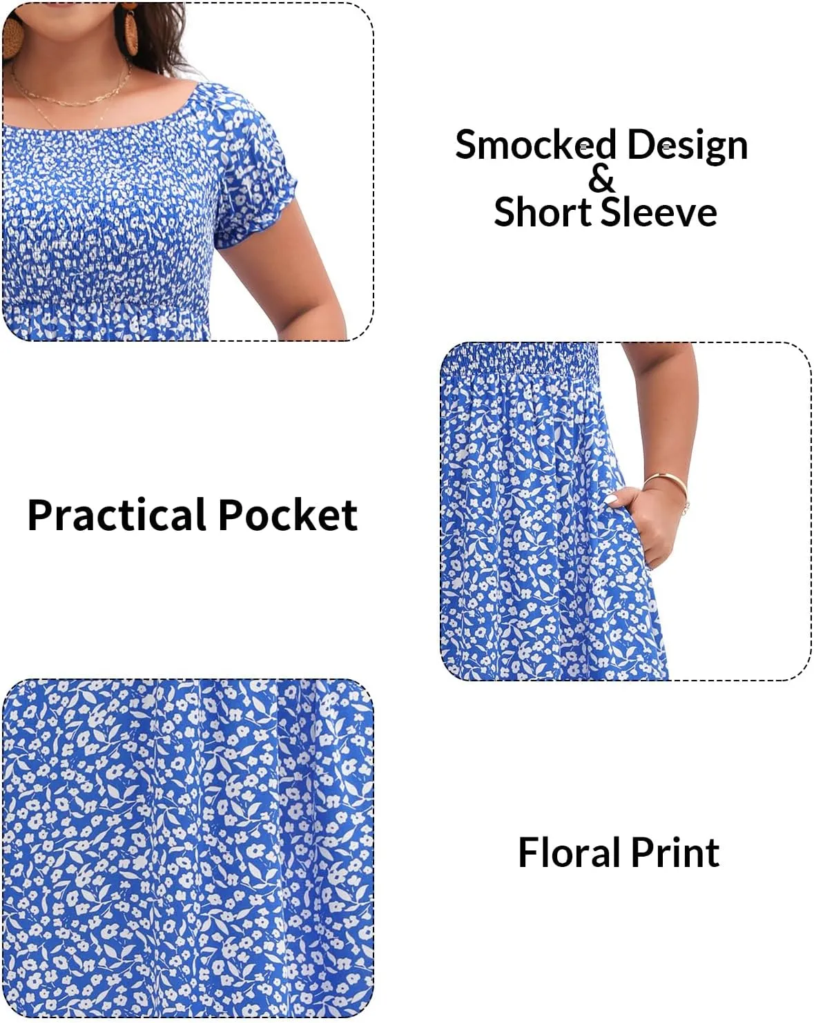 Plus Size Summer Dresses - Boho Casual Off Shoulder Floral Long Maxi Dress with Pockets