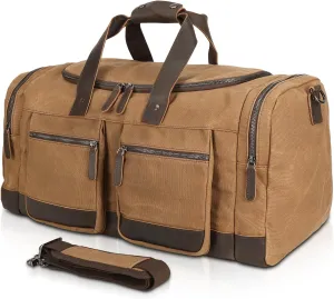 Polare 23” Waxed Canvas Cowhide Leather Waterproof Travel Duffel Bag Trim Luggage Weekender Overnight Carry on Hand Bag