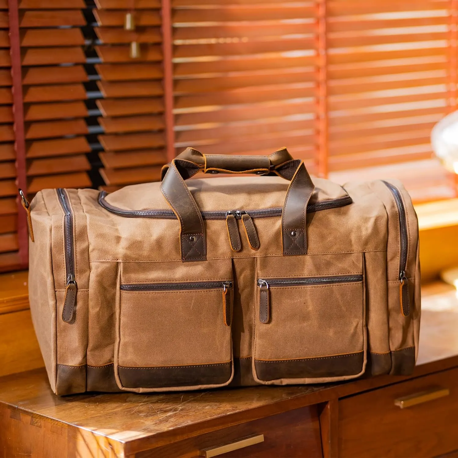 Polare 23” Waxed Canvas Cowhide Leather Waterproof Travel Duffel Bag Trim Luggage Weekender Overnight Carry on Hand Bag