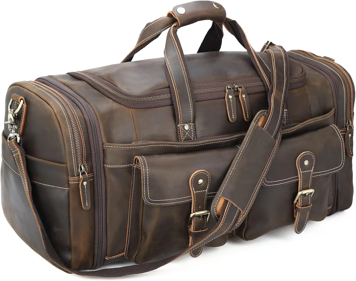 Polare 23" Expandable to 29'' Duffel Retro Thick Full Grain Cowhide Leather Gym Weekender Overnight Luggage Bag For Men