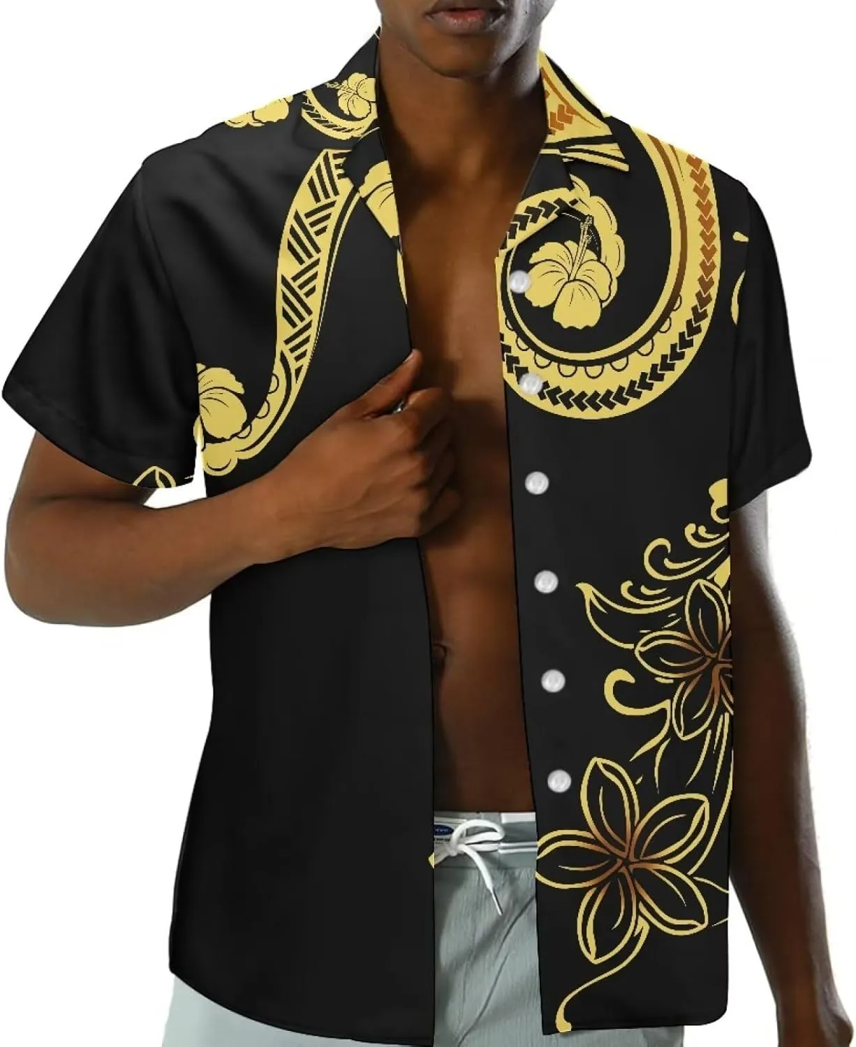 Polynesian Couple Matching Hawaiian Luau Party Outfit Set Polynesian Samoan Puletasi Print Dress and Men's Shirt