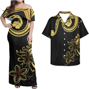 Polynesian Couple Matching Hawaiian Luau Party Outfit Set Polynesian Samoan Puletasi Print Dress and Men's Shirt