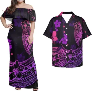 Polynesian Couple Matching Hawaiian Luau Party Outfit Set Polynesian Samoan Puletasi Print Dress and Men's Shirt