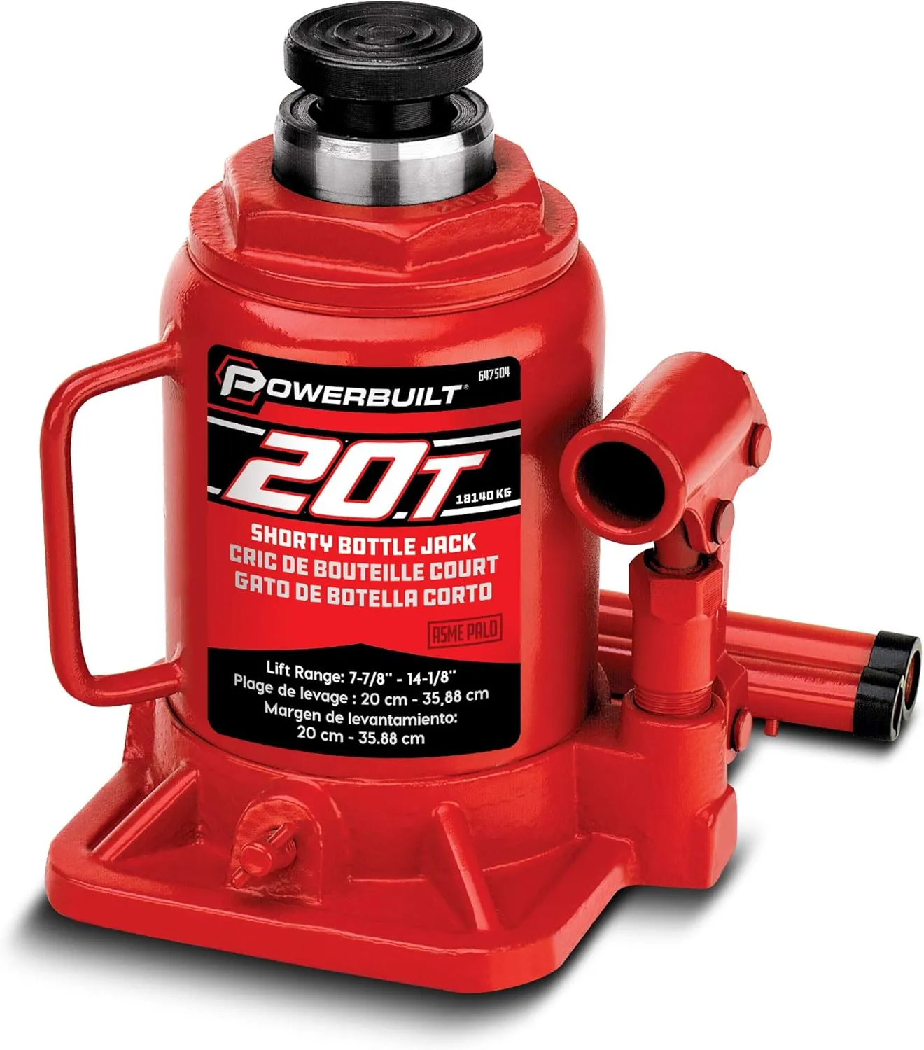 Powerbuilt 20 Ton Shorty Bottle Jack, Heavy Duty 40000 Pound Vehicle Hydraulic Lift with Stable Base, Pin Release, Stubby - 647504