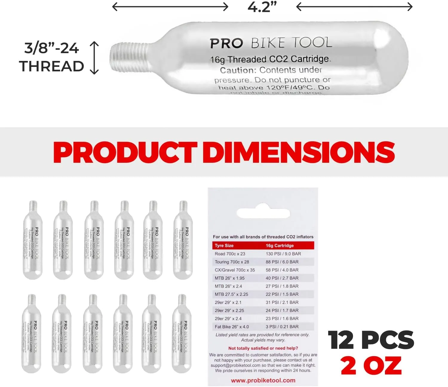 PRO BIKE TOOL CO2 Cartridges - Threaded CO2 Canisters for Bike Tires - Quick Inflation for Road, MTB, Cyclocross, Gravel, Hybrid Bikes - Portable, Durable, Essential for On-The-Go Repairs