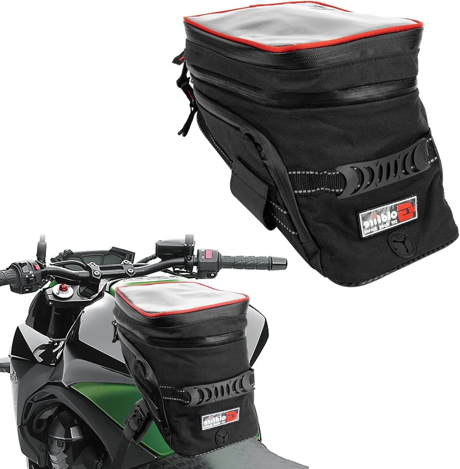 PSLER Motorcycle Tank Bag,Gas Oil Fuel Tank Bag,Waterproof Saddle Bag Reflective Shoulder Bag,2022 Upgraded (Red)
