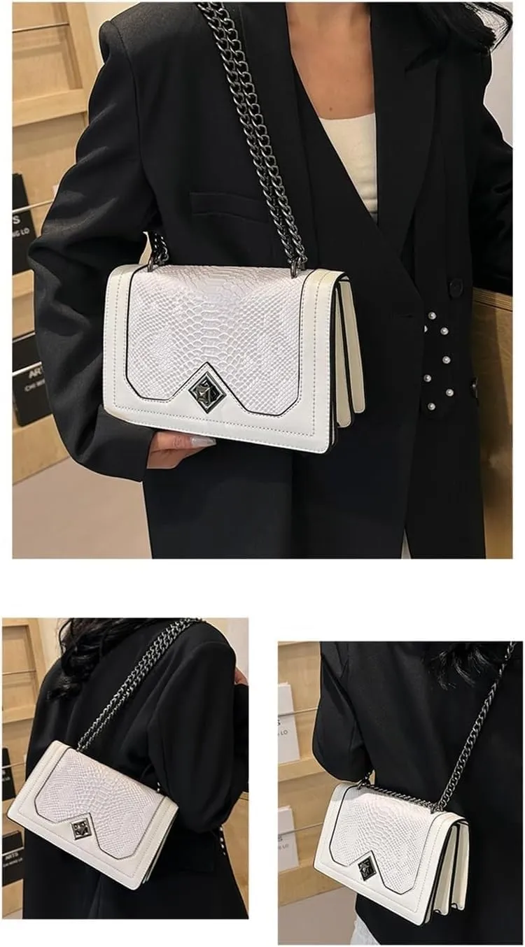 PU Leather Snakeskin Print Crossbody Chain Shoulder Bag, Fashion-Retro Women's Bag, Shoulder Bag (White)