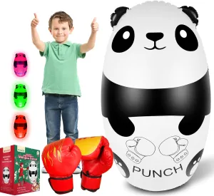 Punching Bag for Kids with Boxing Gloves - 120cm Light Up Panda Kids Punching Bag Inflatable Stress Relief Toy for 3-9 Year Olds - BPA-Free (3xAAA Batteries Not Included)