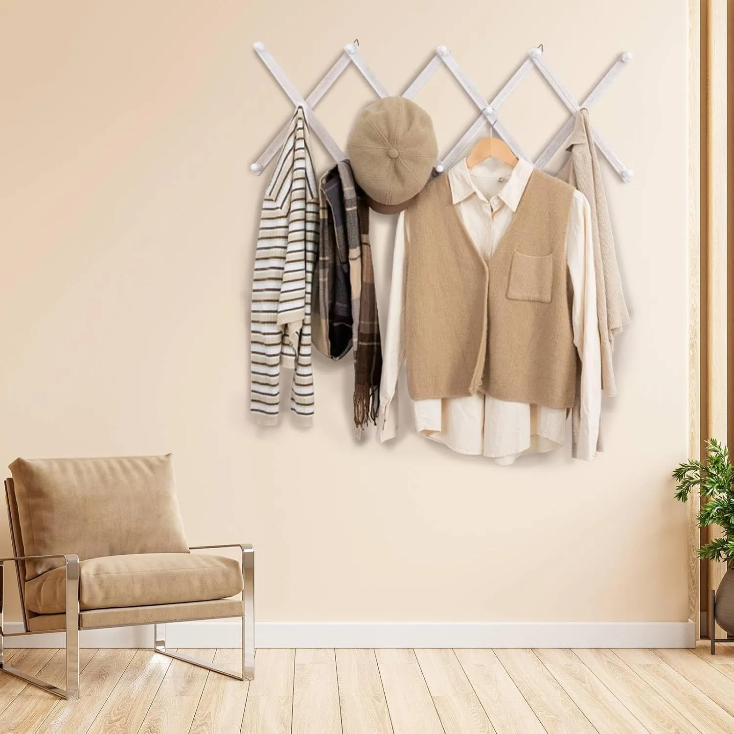 Qiannhee 16 inch Expandable Wall Mounted Coat Rack,Collapsible Coat Rack Wall Mount White with 14 Hooks,Hanger Space Saver for Office and Entryway Coat Rack,Home Decor(Rustic White)