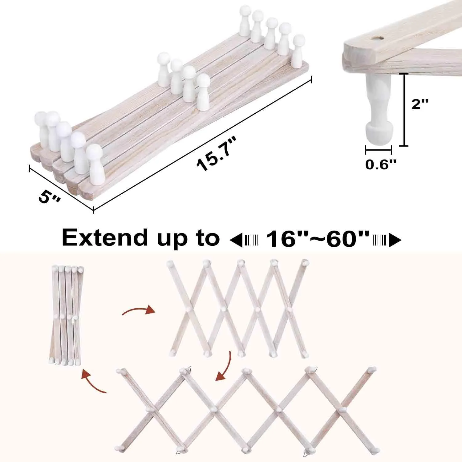 Qiannhee 16 inch Expandable Wall Mounted Coat Rack,Collapsible Coat Rack Wall Mount White with 14 Hooks,Hanger Space Saver for Office and Entryway Coat Rack,Home Decor(Rustic White)