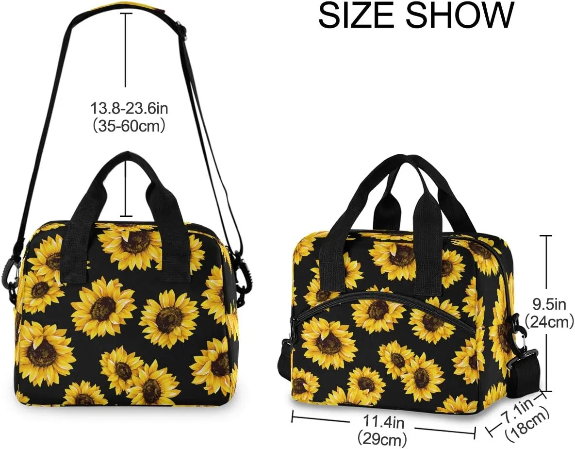 Qilmy Sunflower Lunch Bag Insulated Cooler Lunch Tote Bag with Adjustable Shoulder Strap for Office Work School Picnic Travel