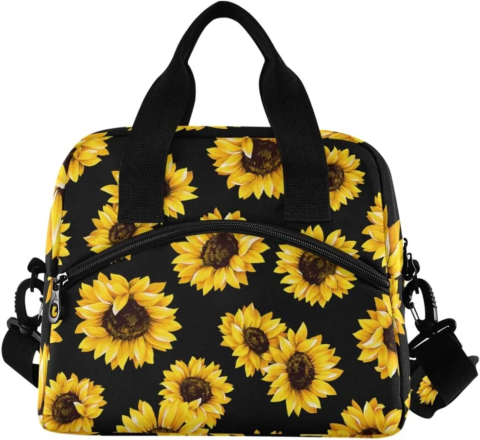 Qilmy Sunflower Lunch Bag Insulated Cooler Lunch Tote Bag with Adjustable Shoulder Strap for Office Work School Picnic Travel