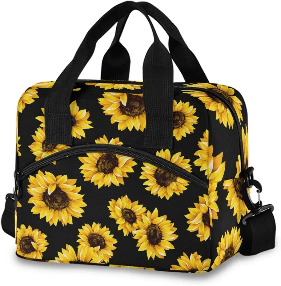 Qilmy Sunflower Lunch Bag Insulated Cooler Lunch Tote Bag with Adjustable Shoulder Strap for Office Work School Picnic Travel
