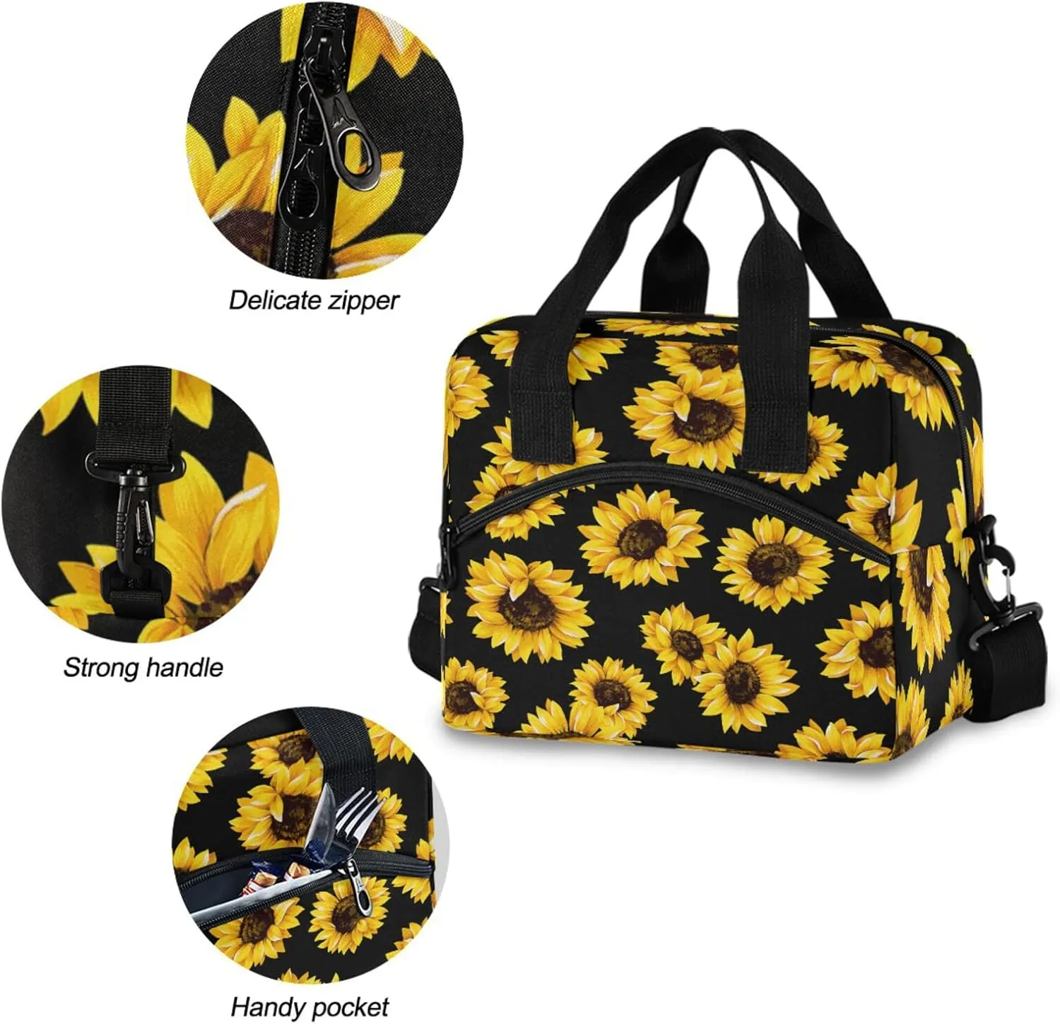 Qilmy Sunflower Lunch Bag Insulated Cooler Lunch Tote Bag with Adjustable Shoulder Strap for Office Work School Picnic Travel