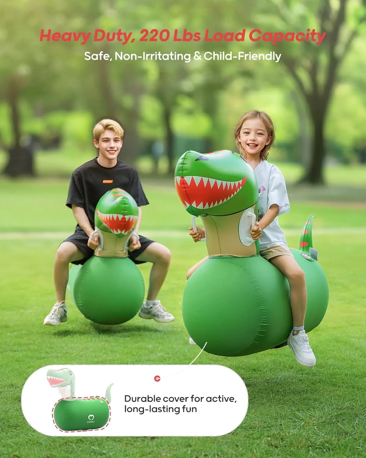 QPAU Inflatable Bouncy Dinosaur Toys 2 PCS with Hand Pump, Heavy Duty Giant Bouncy Pal, 220lbs Load Capacity, Ride On Bouncy Animal Hopper Toy, Indoor Outdoor Bouncers for Kids Girls Boys Ages 5 