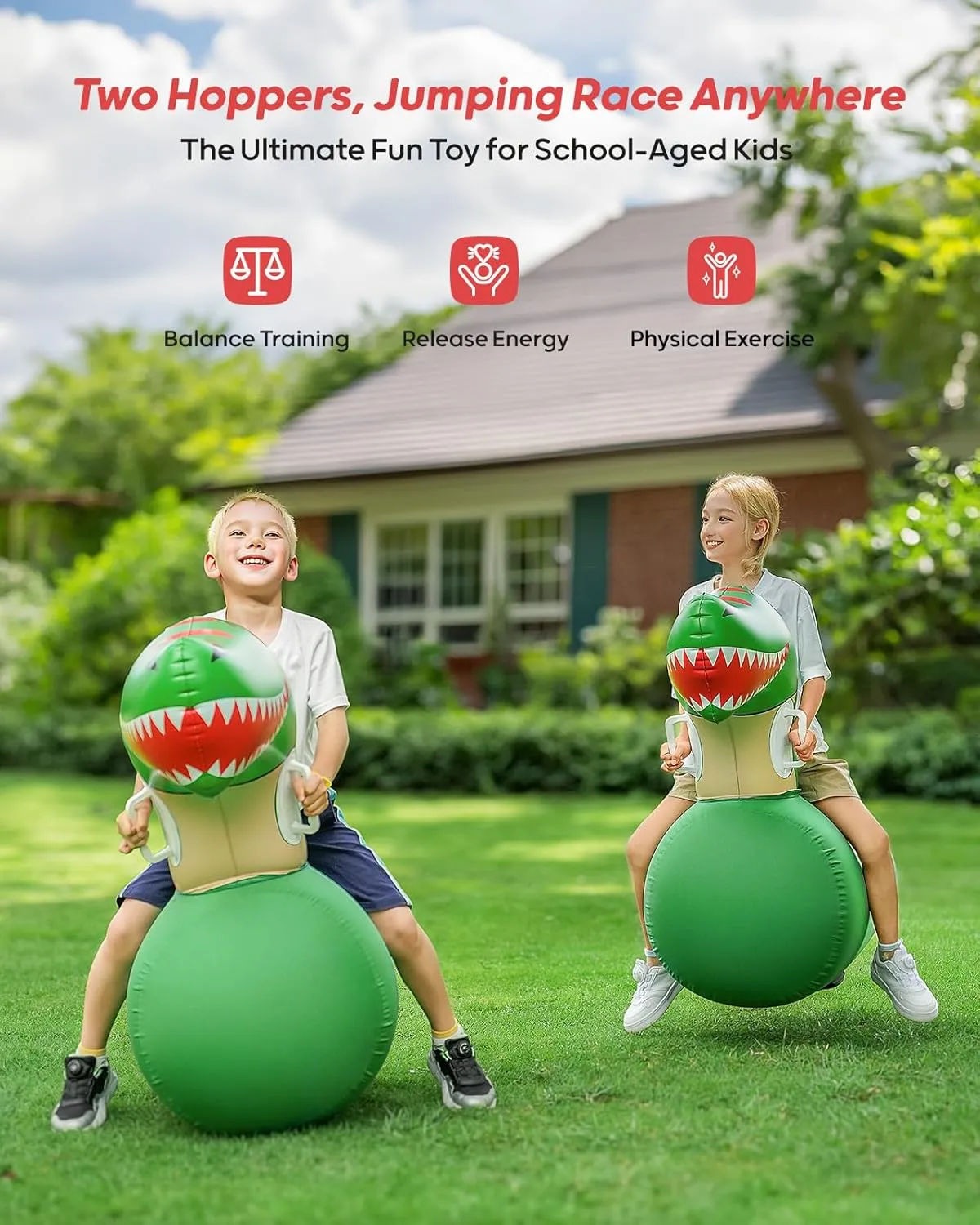 QPAU Inflatable Bouncy Dinosaur Toys 2 PCS with Hand Pump, Heavy Duty Giant Bouncy Pal, 220lbs Load Capacity, Ride On Bouncy Animal Hopper Toy, Indoor Outdoor Bouncers for Kids Girls Boys Ages 5 