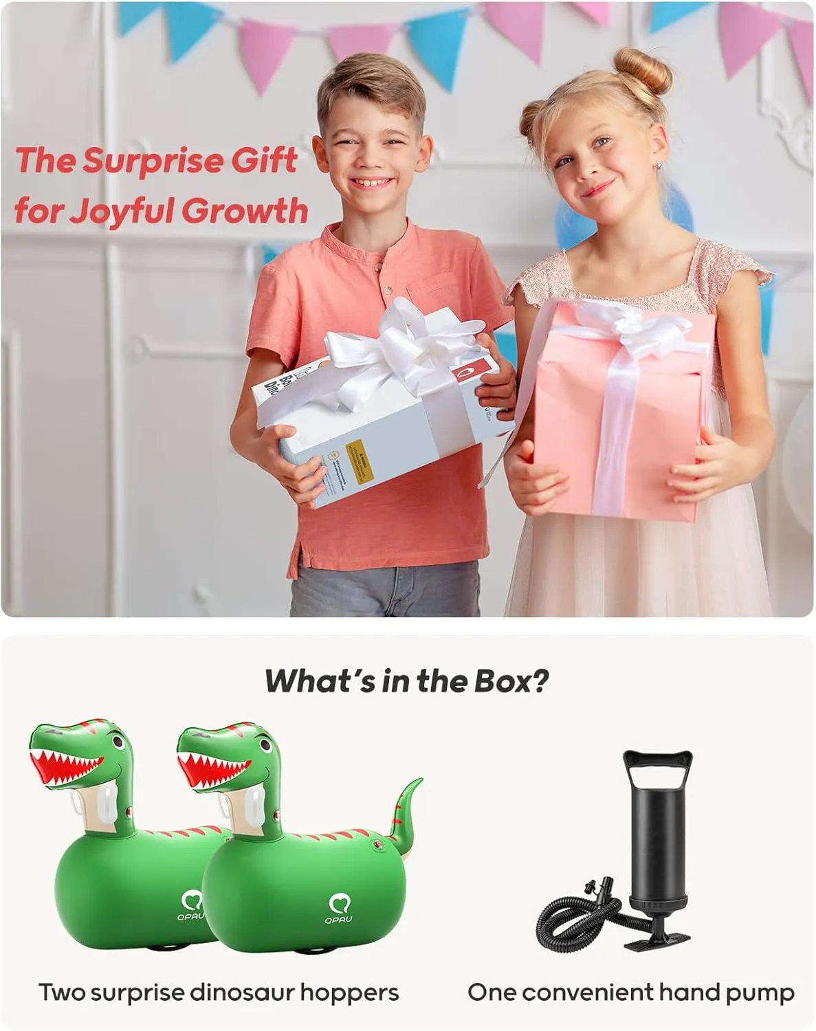 QPAU Inflatable Bouncy Dinosaur Toys 2 PCS with Hand Pump, Heavy Duty Giant Bouncy Pal, 220lbs Load Capacity, Ride On Bouncy Animal Hopper Toy, Indoor Outdoor Bouncers for Kids Girls Boys Ages 5 