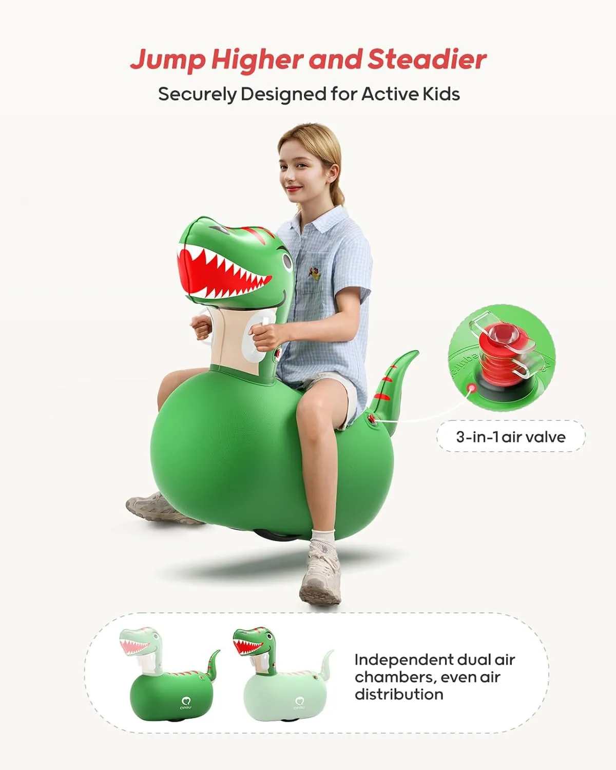 QPAU Inflatable Bouncy Dinosaur Toys 2 PCS with Hand Pump, Heavy Duty Giant Bouncy Pal, 220lbs Load Capacity, Ride On Bouncy Animal Hopper Toy, Indoor Outdoor Bouncers for Kids Girls Boys Ages 5 