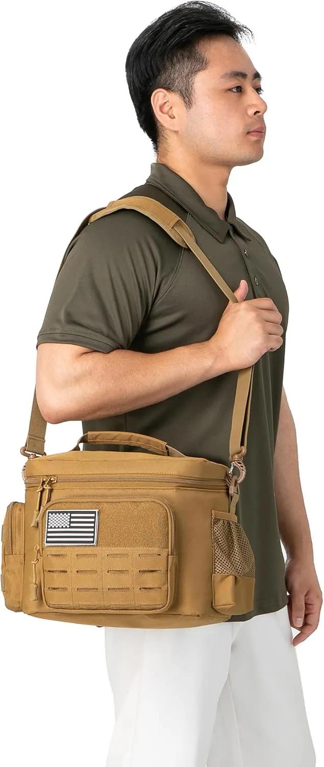 QT&QY Tactical Lunch Bag for mens Military heavy duty lunch box work Leakproof insulated Durable Thermal Cooler Bag for Adult Meal for Office Camping Picnic Pail MOLLE Webbing Khaki