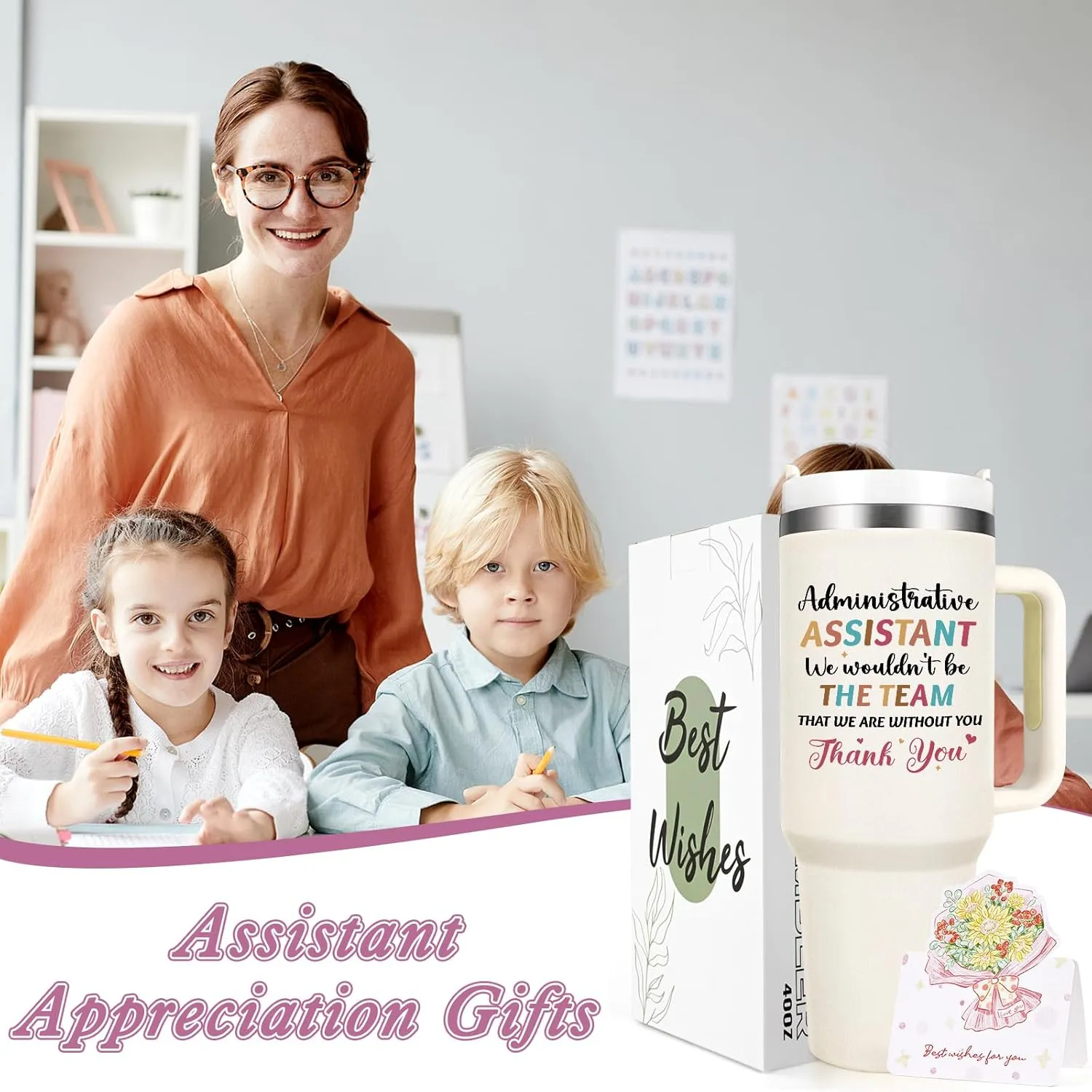 Qtencas Administrative Assistant Gifts, Administrative Professional Day Gifts for Administrative Assistant, Thank You Birthday Christmas Gift Stainless Steel Insulated Travel Tumbler (40oz, Creamy)