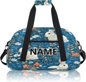 Rabbit Mini Gym Bag 18 inch for Women Men Waterproof Custom Blue Flowers Travel Duffel Bag Carry On Overnight Tote Nurse Bag for Work Fitness Hiking