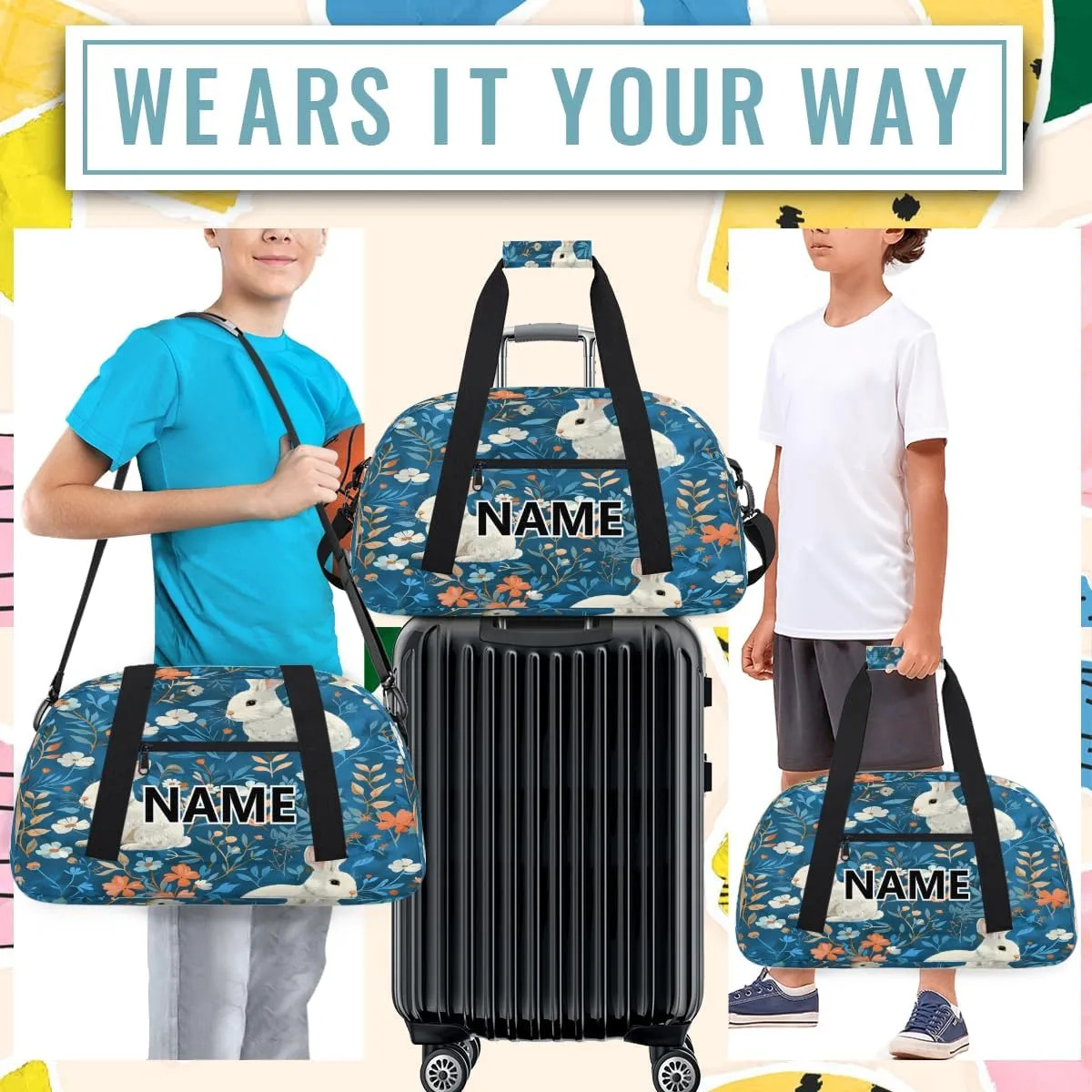 Rabbit Mini Gym Bag 18 inch for Women Men Waterproof Custom Blue Flowers Travel Duffel Bag Carry On Overnight Tote Nurse Bag for Work Fitness Hiking