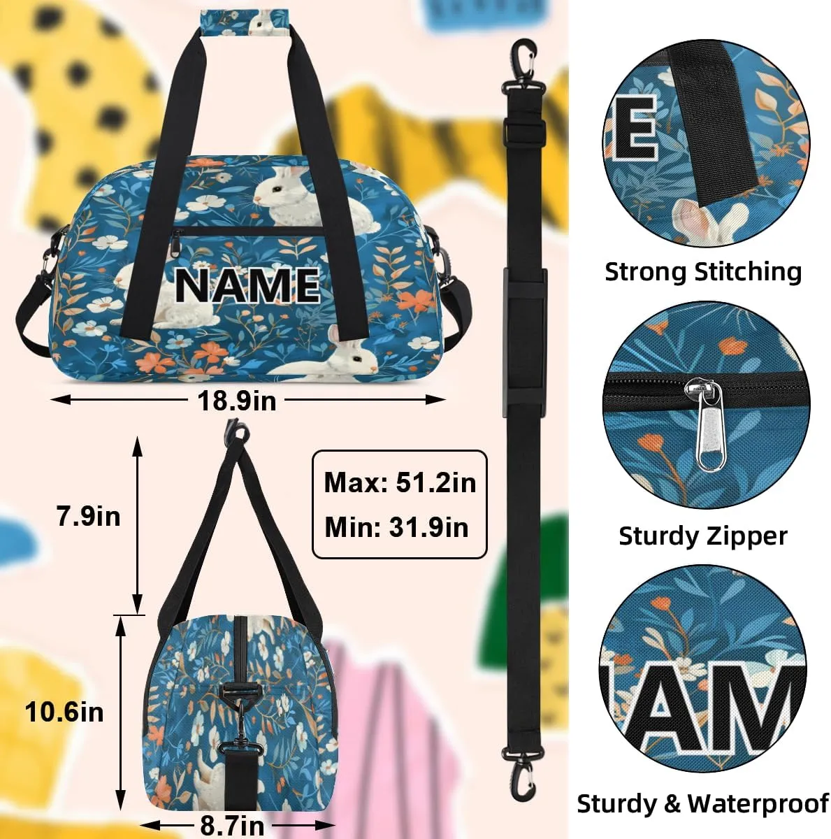 Rabbit Mini Gym Bag 18 inch for Women Men Waterproof Custom Blue Flowers Travel Duffel Bag Carry On Overnight Tote Nurse Bag for Work Fitness Hiking
