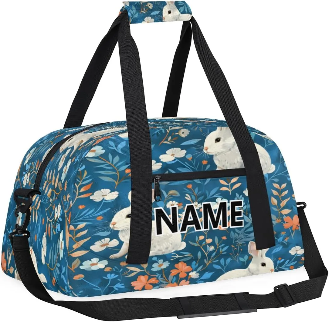 Rabbit Mini Gym Bag 18 inch for Women Men Waterproof Custom Blue Flowers Travel Duffel Bag Carry On Overnight Tote Nurse Bag for Work Fitness Hiking