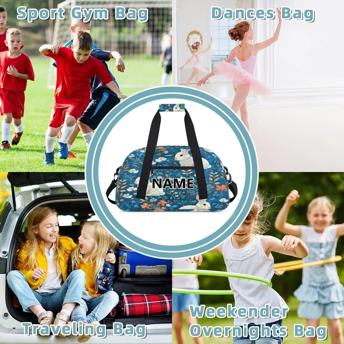 Rabbit Mini Gym Bag 18 inch for Women Men Waterproof Custom Blue Flowers Travel Duffel Bag Carry On Overnight Tote Nurse Bag for Work Fitness Hiking